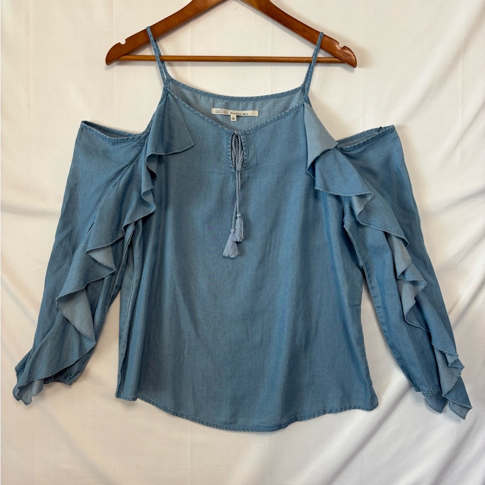 RACHEL RACHEL ROY Chambray Cold Shoulder Ruffle Top Size Large